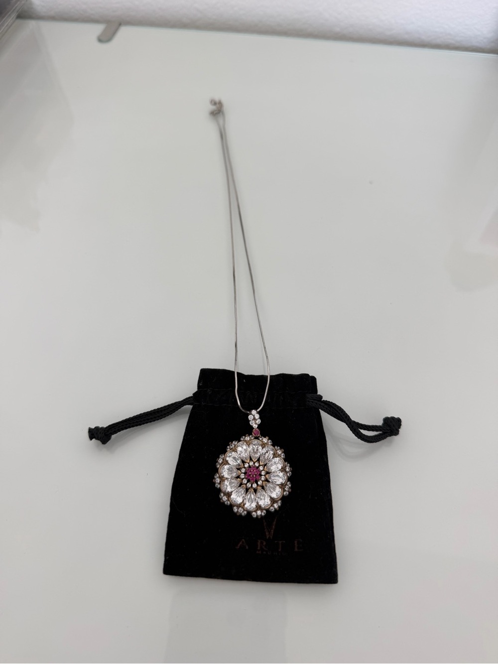 Vintage Silver Floral Pendant Necklace with Pink Center by Arté Madrid